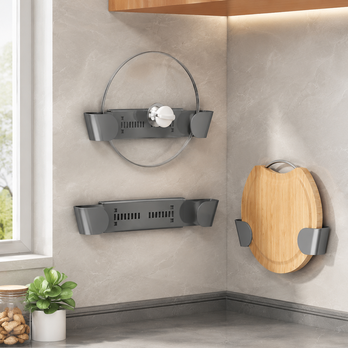 Retractable Pan Lid Holder, Drill Wall-Mount Pan Organiser, Matte Synthetic Polymer Saucepan Lid Storage for Kitchen Cupboard