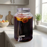 Glass Dispenser with Wooden Stand, Barrel Beer Dispenser for Cold Brew, Fruit Tea Dispenser and Juice Dispenser, Stainless Steel Iced Tea Pot