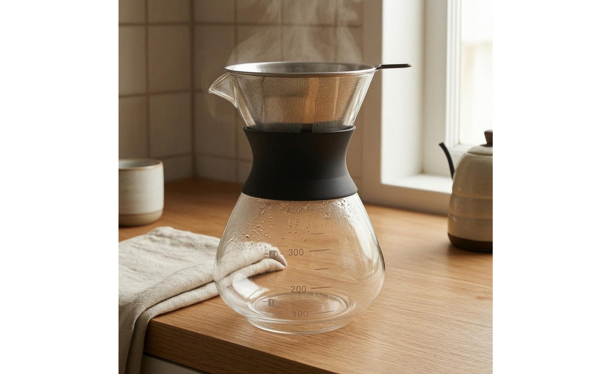Heat-Resistant Sleeve Mesh Filter Coffee Pot Measurement Markings Glass Pour over Brewer
