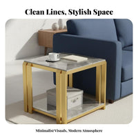 Light Luxury Design 2-Tier Square Side Table Double-Layer Storage 2-Tier Side Table Easy Assembly Gold Frame Nightstand Scratch-Resistant for Interior Designers, Apartment Dwellers, Gift Givers, Living Room, Bedroom, Office, Reception Area