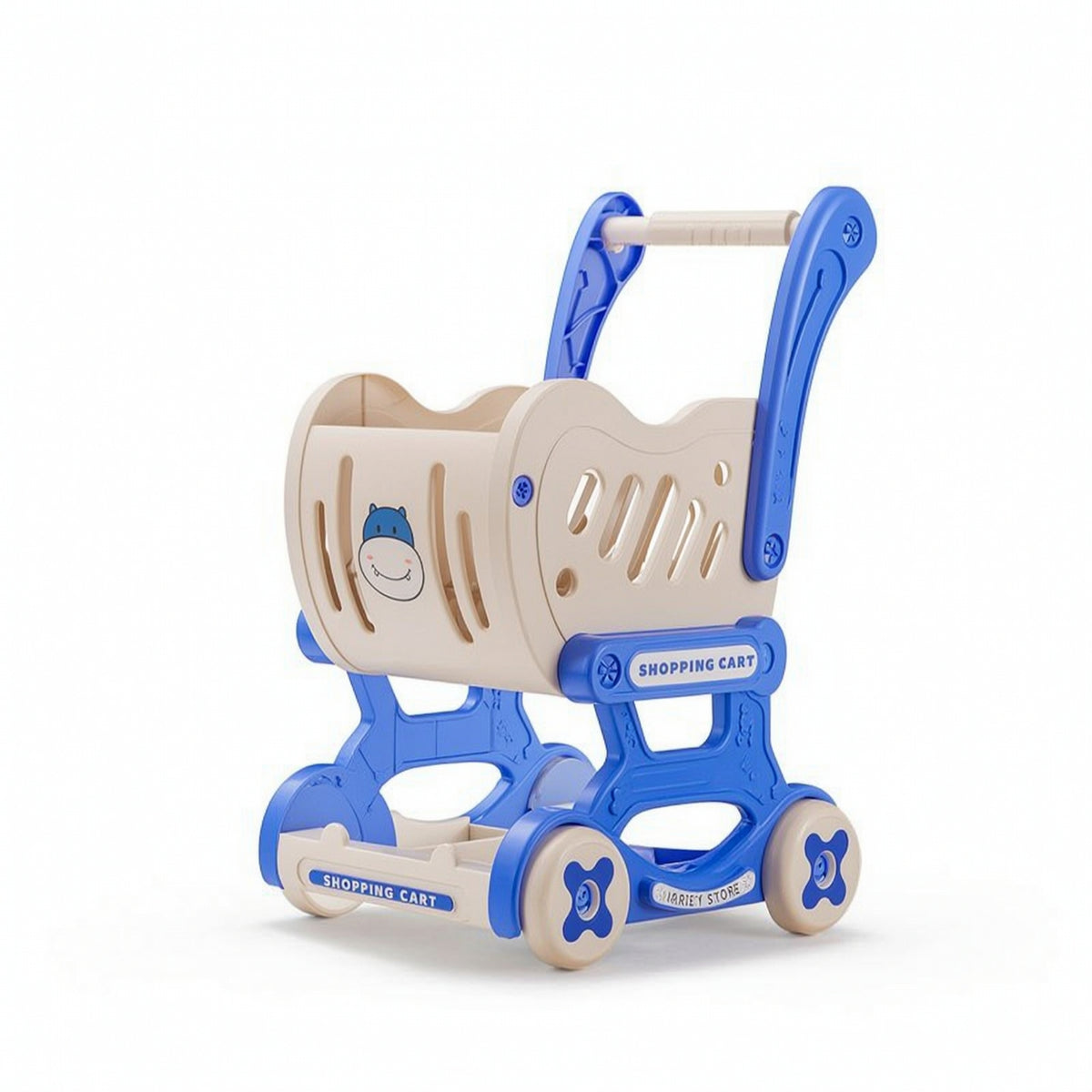 Hippo Supermarket Pretend Play Set with Shopping Cart, Fruits, Vegetables, BBQ, Snacks, and Cutting Toys
