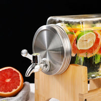 Water Dispenser with Tap and Wood Stand, Rectangular Water Jug, Drink Dispenser for Iced Tea and Cold Brew, Large Capacity Cold Beverage Carafe