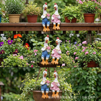 Farmhouse Chicken Couple Statues Seated Chicken Figurines with Overalls Cute Lawn Ornament Weather-Resistant for Gardeners, Balcony, Planter