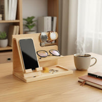Multi-Functional Wooden Phone Charging Stand Easy Assembly Watch and Glasses Holder Bedside Organizer Station for Men, Desktop, Office, Entryway