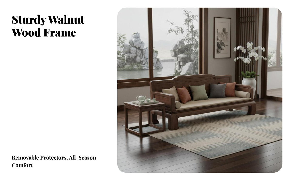 Solid Wood Arhat Bed Mortise and Tenon Joinery Walnut Arhat Couch Ergonomic Design New Chinese Design Daybed for Collectors, Adults, Reception Area