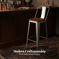 Industrial Aesthetic Metal Frame High Stool with Backrest Retro Design Bar Height Seating Versatile Commercial Furnishing Space-Saving for Cafe Owners, Apartment Dwellers, Restaurant, Small Areas, Dining Room, Kitchen