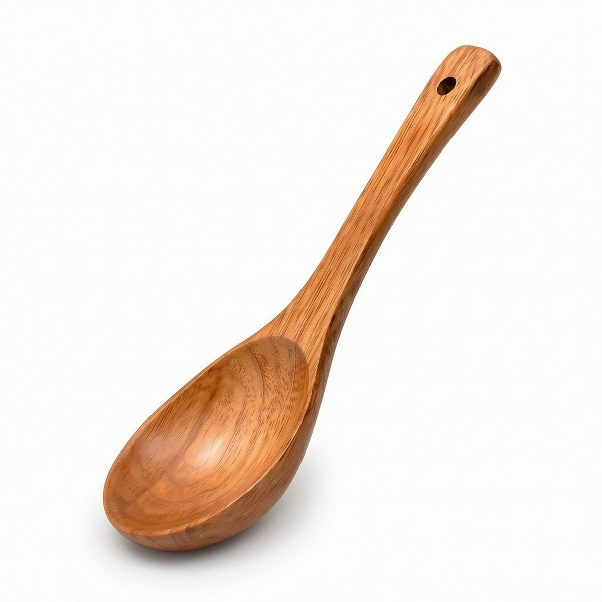 Natural Wood Wooden Soup Spoon with Hanging Hole Deep Bowl Long-Handled Spoon Smooth Polished Kitchen Utensil for Ramen, Hot Pot