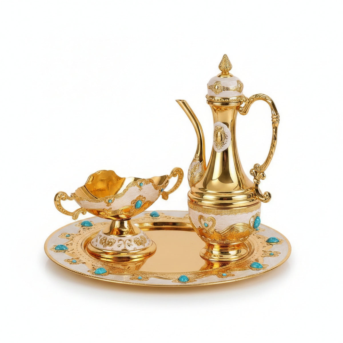 Turquoise Accents Gold-Toned Tableware Round Metal Tray Vintage Teapot Set with Tray