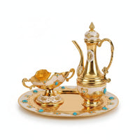 Turquoise Accents Gold-Toned Tableware Round Metal Tray Vintage Teapot Set with Tray