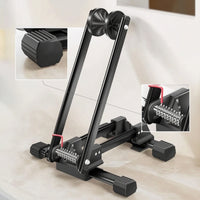 Upright Foldable Bike Stand Floor-Standing Foldable Two-Wheeler Stand Space-Saving Bike Rack with Folding Button Portable for Cyclists, Commuters, Garage, Indoor, Apartment