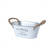 Brushed White Vintage Metal Flower Pot Sturdy Handles Galvanized Oval Planter Oval Metal Planter