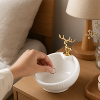 Deer Key Bowl, Modern Ceramic Jewelry Dish with Figurine, Desktop Trinket Storage for Console Table