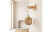 Woven Rattan Wall Sconce with Wooden Arm Boho Wall Lamp with Wooden Arm Rustic Farmhouse for Bedside, Bedroom, Reading Nook