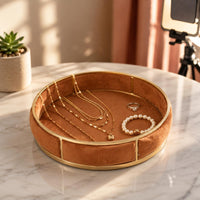 uncoveredTop Round Jewelry Display Tray Lined Interior Velvet Jewelry Tray Segmented Finger Band Holder Holder Dish Decorative for Vanity, Counter