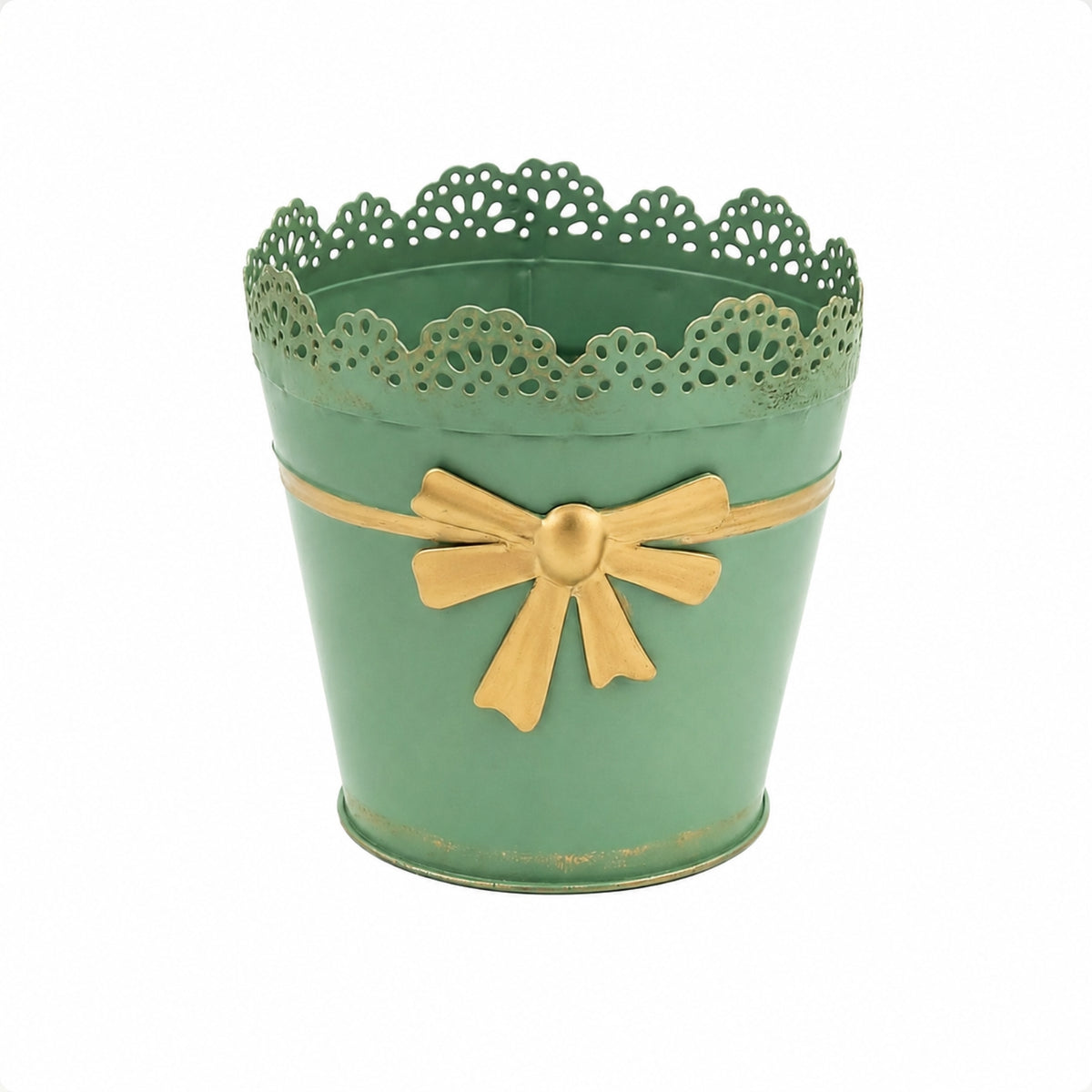 Tapered Metal Planter Pot Cottagecore Planter with Lace Rim Outdoor Pot with Bow Ornament Long-Lasting for Balcony, Patio, Garden