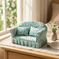 Floral Dollhouse Double Sofa Upholstered Miniature Sofa with Pillows Handmade Dollhouse Couch Set Detailed for Collectors