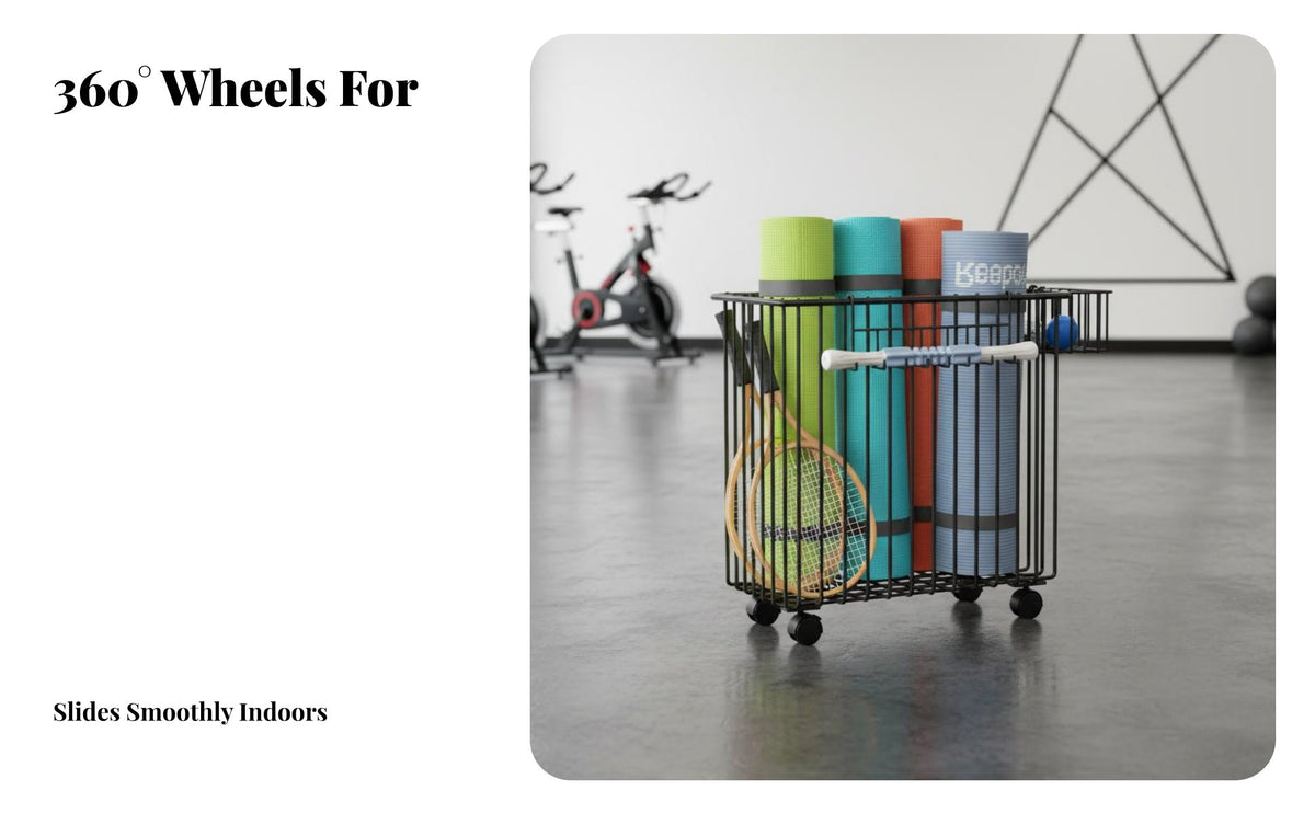 Space-Saving Exercise Mat Storage Rack Large Capacity Rolling Gym Storage Basket Long-Lasting Construction Home Gym Organizer on Wheels Breathable Design for Garage