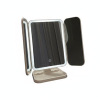 Rechargeable Tri-Fold Makeup Mirror Magnification LED Vanity Mirror Rotatable Beauty Accessory Storage Base for Dorm Room