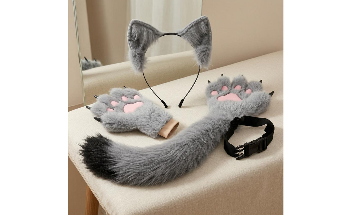 Feline Ears Tail Gloves Set Faux Fleece Paw Gloves Claw Details Dress Accessory