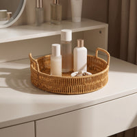 Rattan Tray with Handles Shallow Woven Tray with Handles Easy to Clean Round Serving Basket for Kitchen