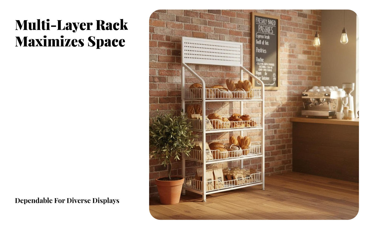 Multi-Tier Display Stand Includes Hooks Retail Shelving Unit Space Saving Snack Display Shelf for Retailers, Shop Owners, Commerce Shows, Pantry