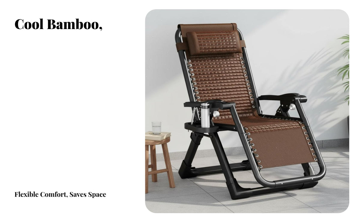 Bamboo Mat Deck Chair Foldable Design Folding Recliner Heavy Duty Frame Adjustable Patio Lounger for Seniors, Homeowners, Backyard, Living Room, Beach