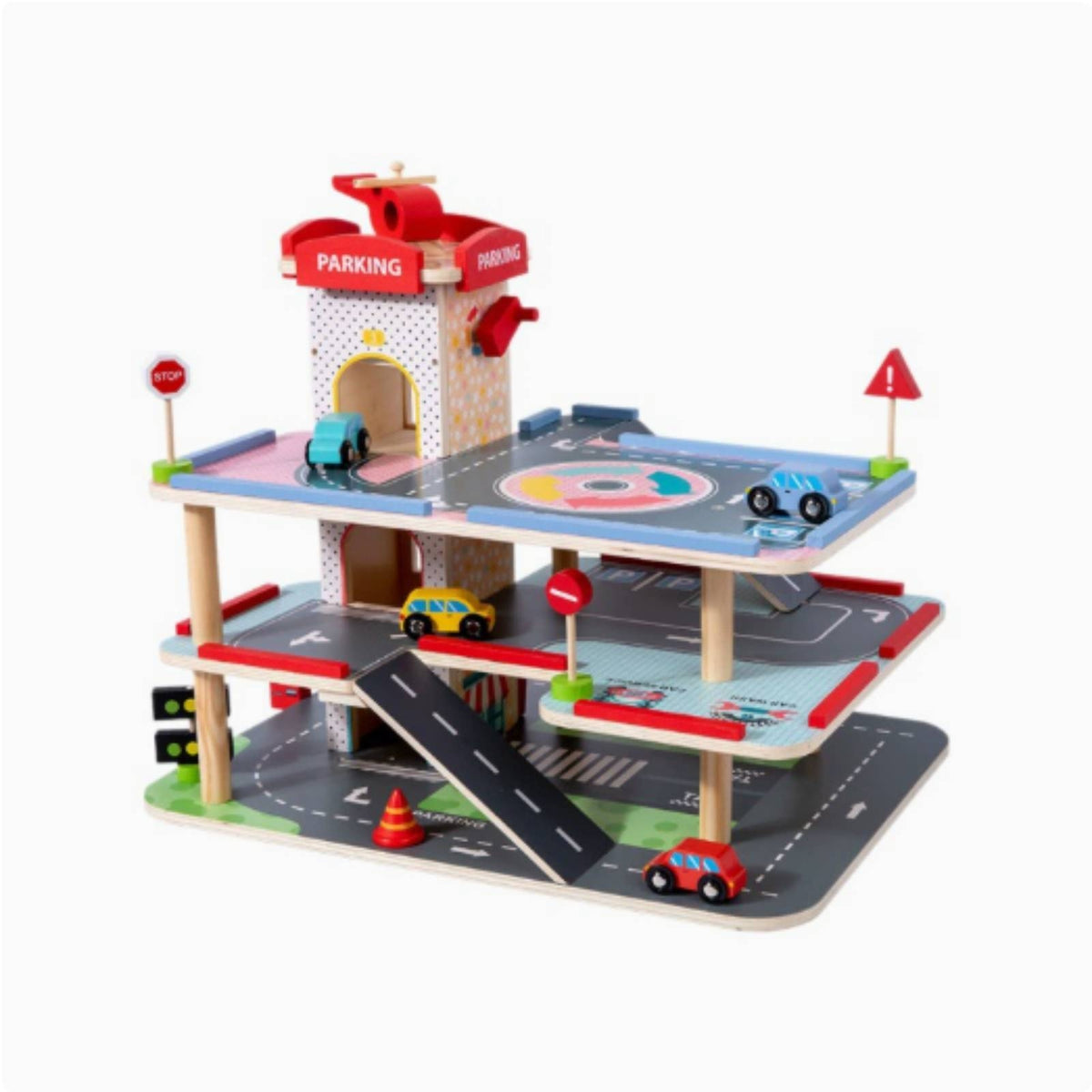 Elevator Lift Wooden Toy Car Garage Printed Road Markings Wooden Parking Garage Open Arch Entrances for Children