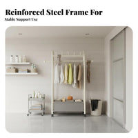 On casters Rolling Clothes Rack with Shelf Mobile Wheeled Clothes with Shelf Freestanding Garment Stand Simple Design for Students, Renters, Homeowners, Bedroom, Balcony, Laundry Room, Entryway