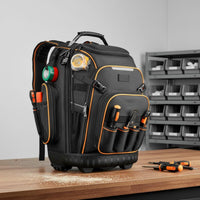 Telescoping Handle Rolling Tool Backpack Zippered Compartments Wheeled Tool Backpack Padded Carry Section Work Gear Storage Structured Base