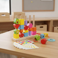 Wooden Bead Stacking Set Made of Wood Fruit and Shape Stacking Blocks Hand-Eye Coordination Bead Threading Game for Young Children, Kindergarten