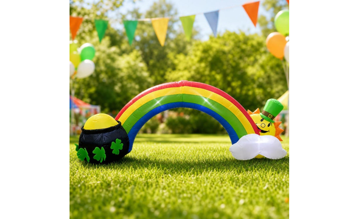 Inflate Inflatable Arch with Leprechaun Lighted Inflatable Rainbow with Pot of Gold Outdoor Yard Decor Giant for Homeowners, Party Hosts, Lawn, Garden