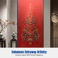 Silk Embroidery Wall Art, Gourd Design, Upright Entryway Hanging, Modern Oriental, Wooden Frame