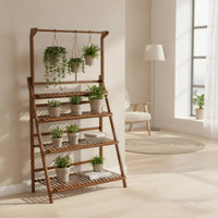 Ladder Plant Stand with Hanging Rod Indoor Plant Stand with Folding Design Wooden Stepped Flower Rack for Gardeners