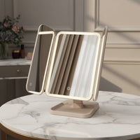 Rechargeable Tri-Fold Makeup Mirror Magnification LED Vanity Mirror Rotatable Beauty Accessory Storage Base for Dorm Room