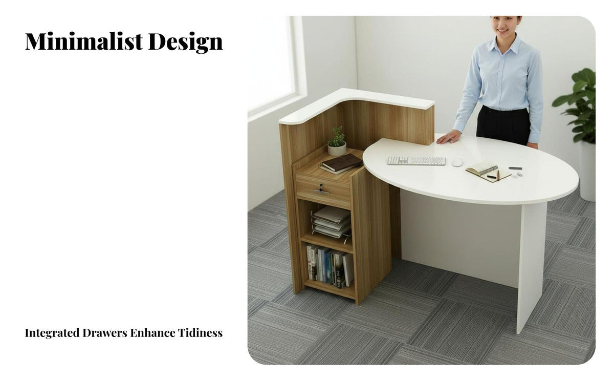 Small Reception Desk Space-Saving Design Modern Front Desk with Storage Lockable Drawer Angled Design D Reception Counter for Receptionists, Boutique