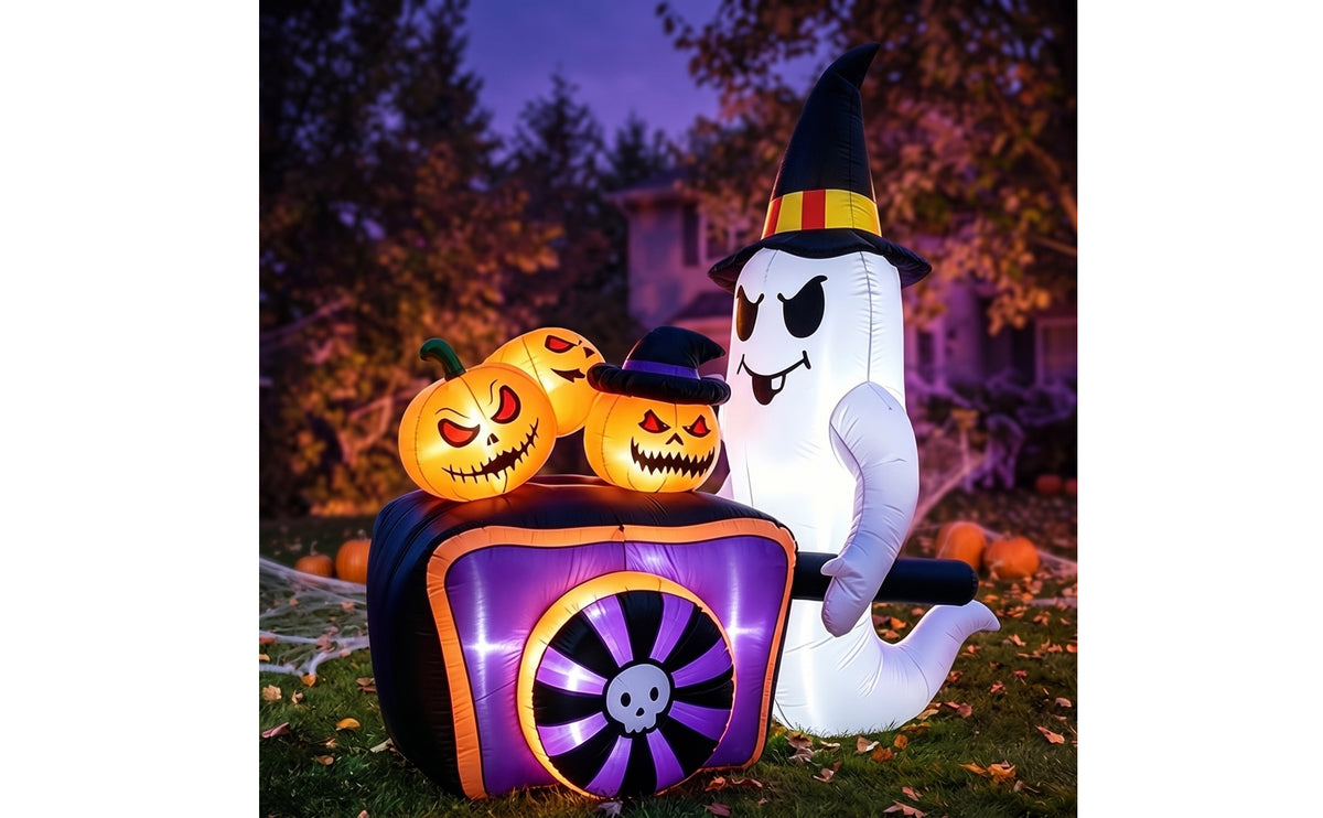 Inflatable Ghost Inflatable with Pumpkin Cart 5ft Inflatable Ghost with Witch Hat Illuminated Yard Decoration Built-in Fan for Lawn