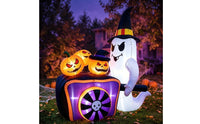 Inflatable Ghost Inflatable with Pumpkin Cart 5ft Inflatable Ghost with Witch Hat Illuminated Yard Decoration Built-in Fan for Lawn