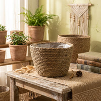 Laundry Basket for Home Office Organization, Set of 3 Lined Woven Seagrass Storage Baskets, Tapered Wicker Hamper Basket
