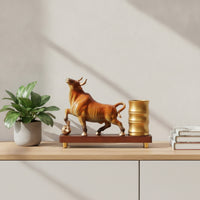 Pen Holder with Bull Statue Decorative Bull Statue Pen Cup Desk Organizer Metal-Finish Sculptural for Collectors, Office, Study