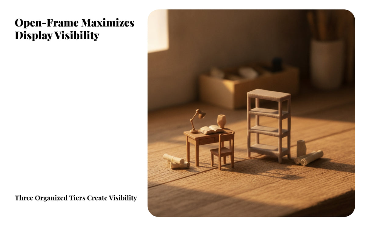 Three Tier Miniature Bookshelf | Compact Upright Design, Open Rectangular Frame, Miniature Bookcase, for Diorama