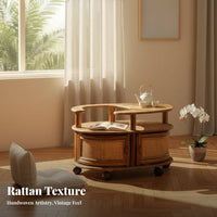 Woven Design 2-Tier Rolling Trolley Vintage Aesthetic Crescent-Shaped Rolling Cabinet with Wheels Tea Cart Multifunctional for Homeowners, Apartment Dwellers, Hosts, Living Room, Bedroom, Home Office, Balcony