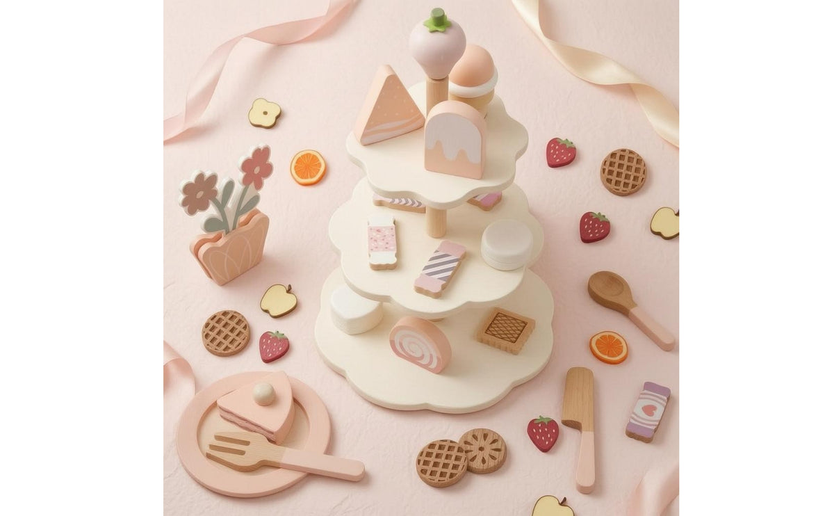 Tiered Dessert Stand Playset Pretend Tea-Time Dessert Set Printed for Children