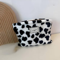 Large Capacity Fluffy Cow Print Makeup Bag Portable Cow Pattern Cosmetic Pouch Cute Design for Women, Girls, Business Trip, Bathroom
