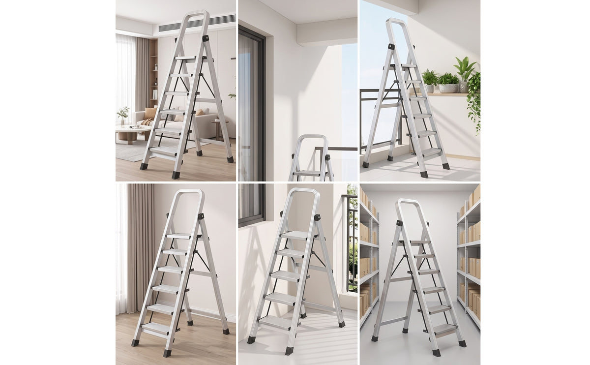 Aluminum Step Ladder with Anti-Slip Treads Sturdy Foldable Household Ladder Space-Saving Folding Step Stool Long-Lasting for Homeowners