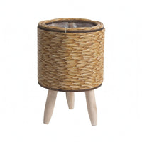 Wooden Legs Rattan Planter Clear Liner Wood Leg Planter Tabletop Wicker Plant Basket Decorative