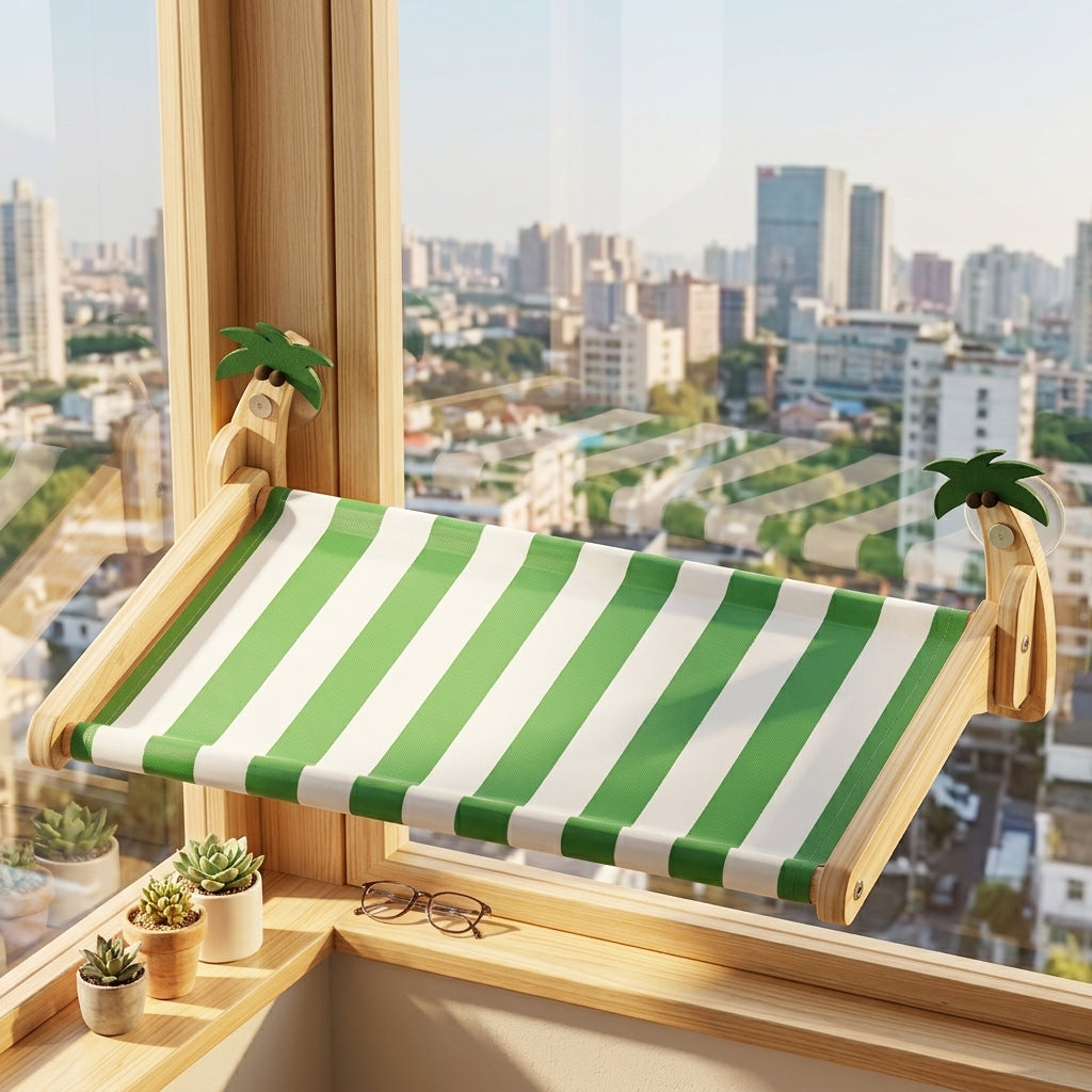 Cat Hammock Window Perch for Indoor Cats, Wood Frame Window Cat Bed with Sill Clamp, Foldable Rectangle Oxford Cloth Elevated Resting Area