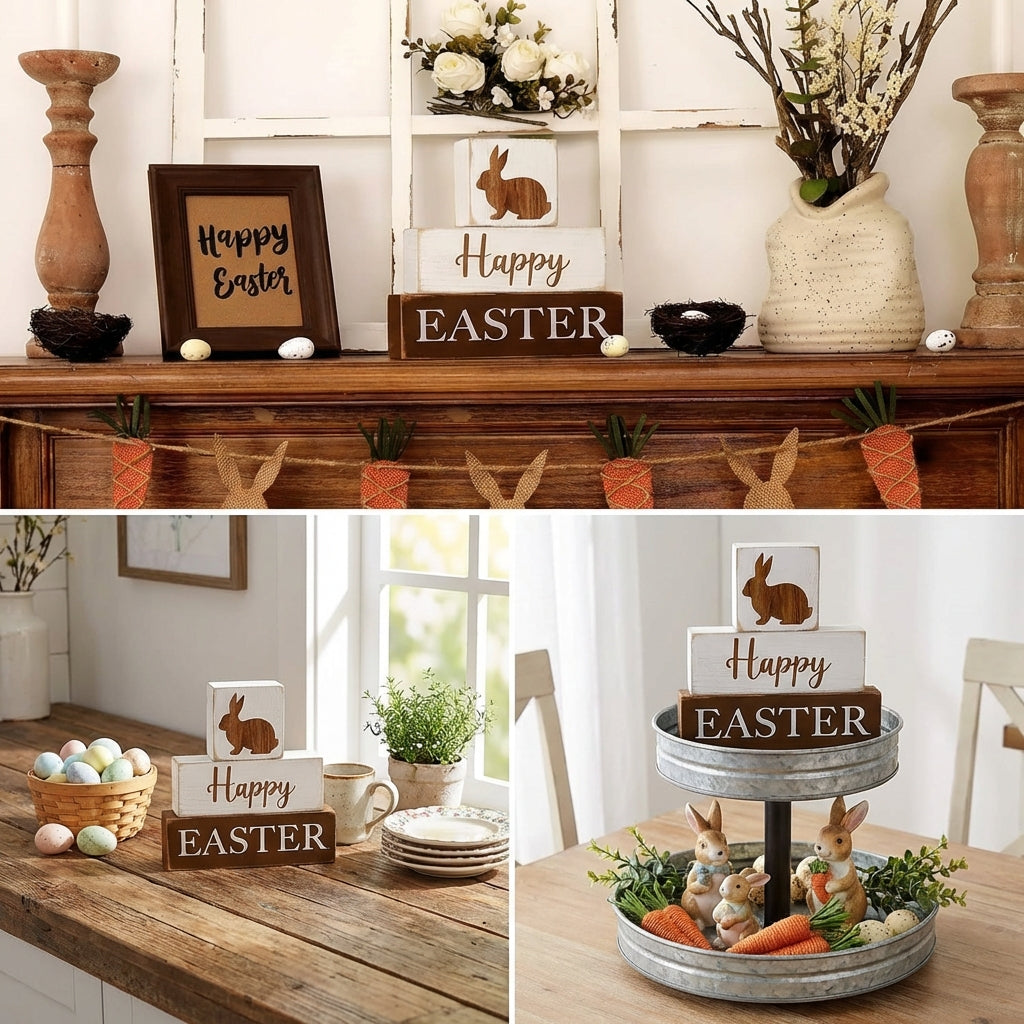 Farmhouse Easter Table Decor Stackable Blocks Rustic Bunny Block Decor Self-Standing Wooden Bunny Table Sign for Holiday Enthusiasts, Home Stylists