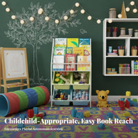 On casters Rolling Book Organizer Front-Facing Display 5-Tier Rolling book organizer Space-Saving children's Furniture Slim contour for Toddlers, Students, Nursery, Playroom, Kindergarten, Living Room