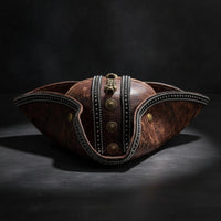 Distressed Pirate Tricorn Hat Steampunk Tricorn with Skull Ornament Vintage Headwear Bold for Halloween, Cosplay
