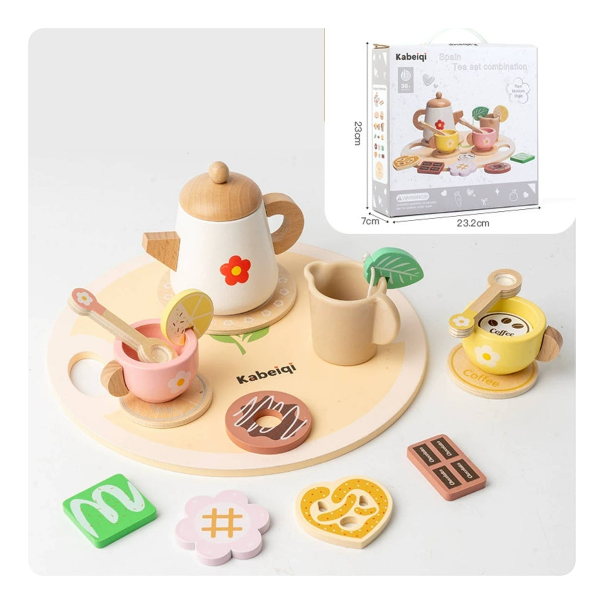 Wooden Pretend Tea Party Set and Wooden Tea Set Colorful Pieces for Children, Playroom
